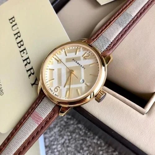 Burberry Check Pattern Leather Strap Watch