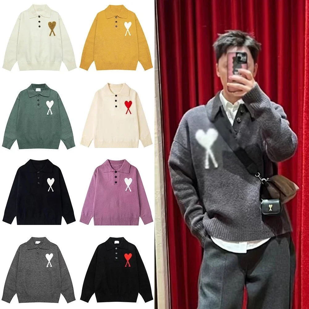 Ami Paris Heart Logo Knit Polo