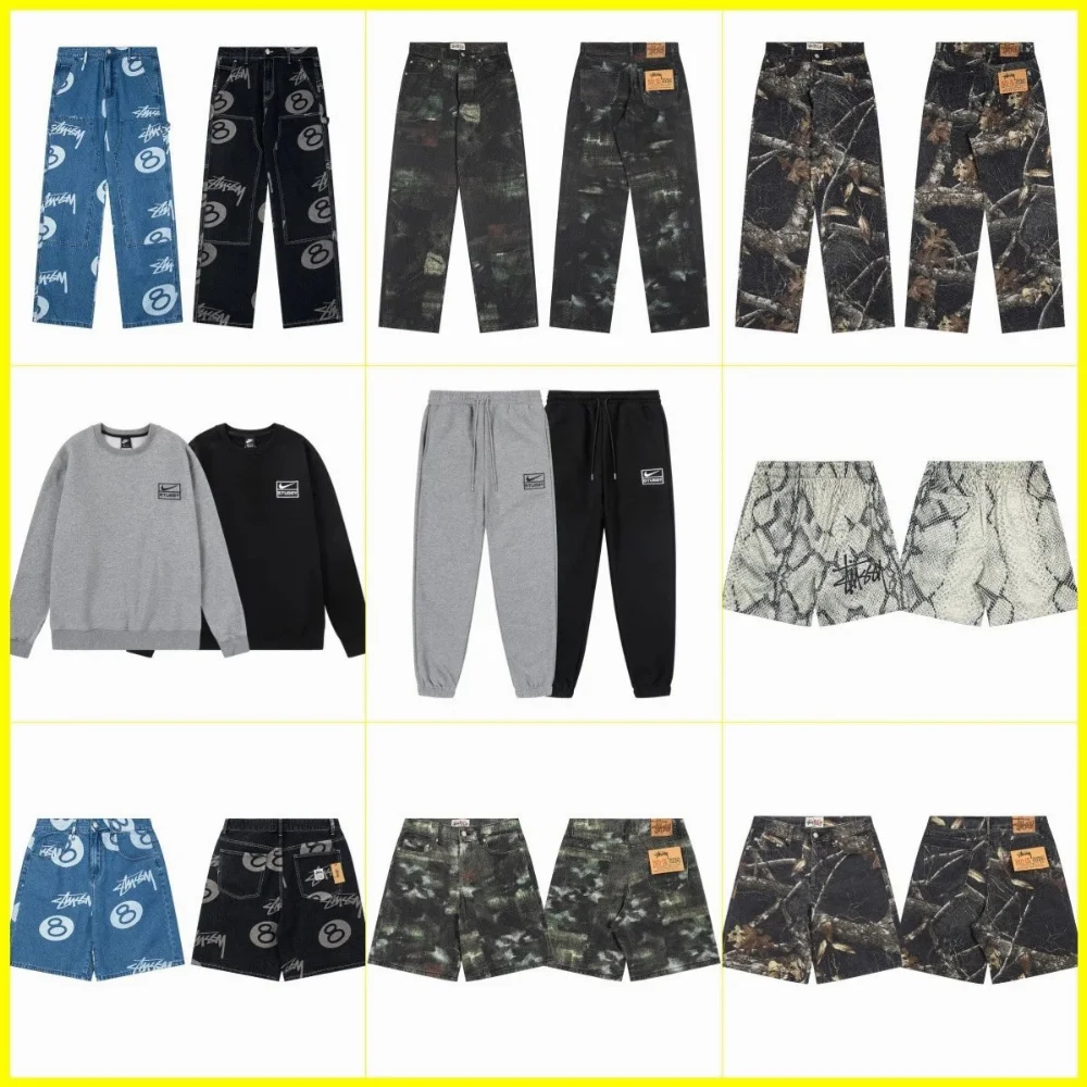 Stussy 8-Ball Print and Camo Denim Pants Shorts