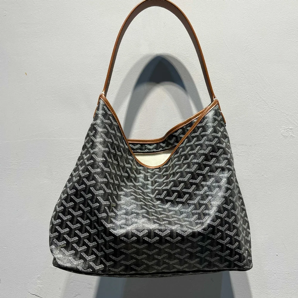 Goyard Black and white monogram canvas hobo bag with tan leather trim