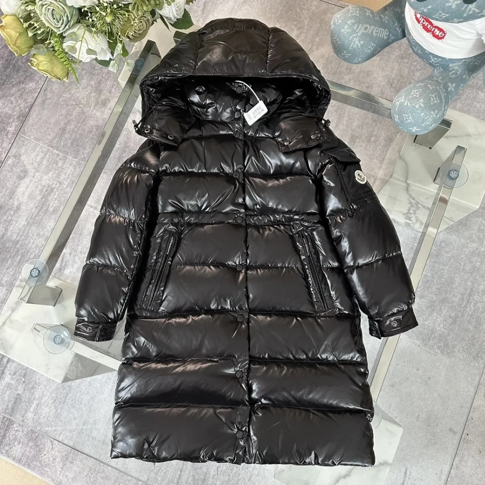 Moncler glossy black quilted long down jacket with hood and front buttons