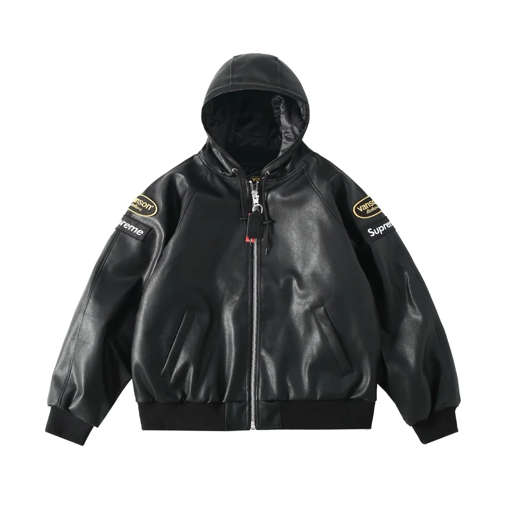 Supreme Vans Patch Logo Hooded Leather Jacket
