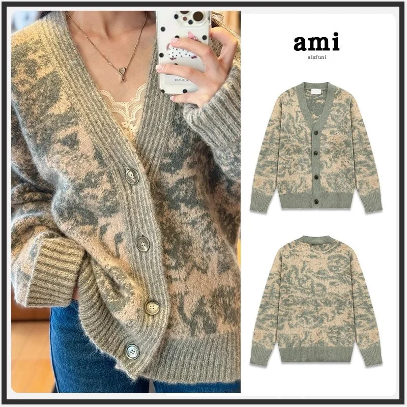 ami Floral Jacquard Knit Cardigan Sweater