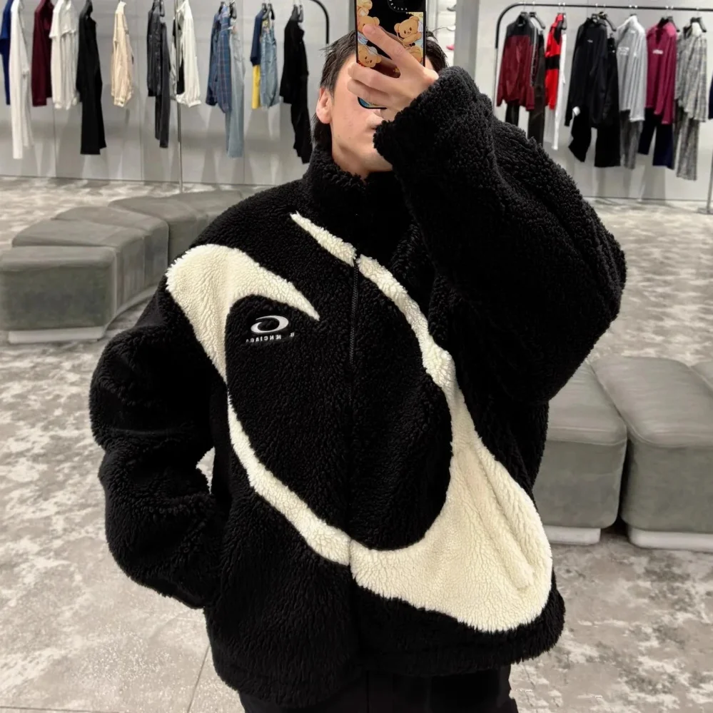 Balenciaga black and cream shearling oversized zip-up jacket with diagonal paneling