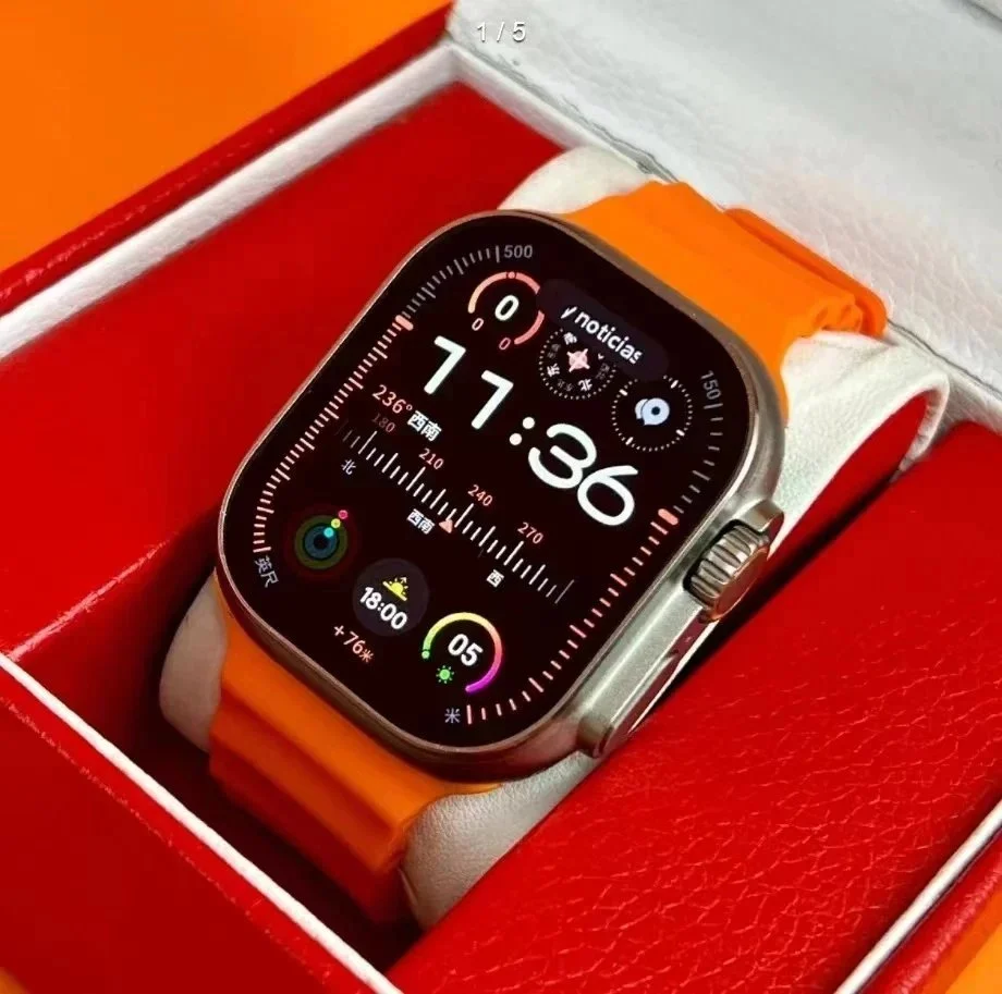 orange silicone strap smart watch with square case and digital display