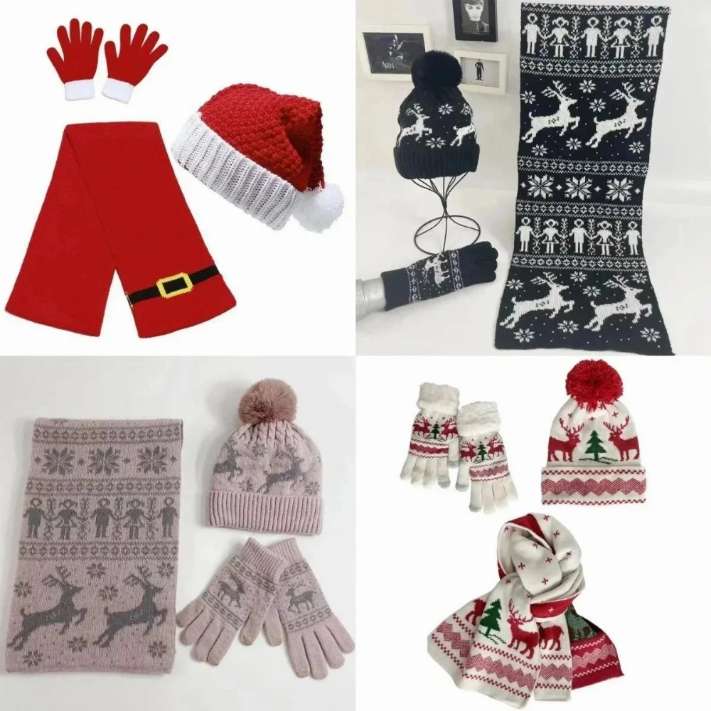 knit scarf gloves set with reindeer snowflake pattern pom-pom cuff