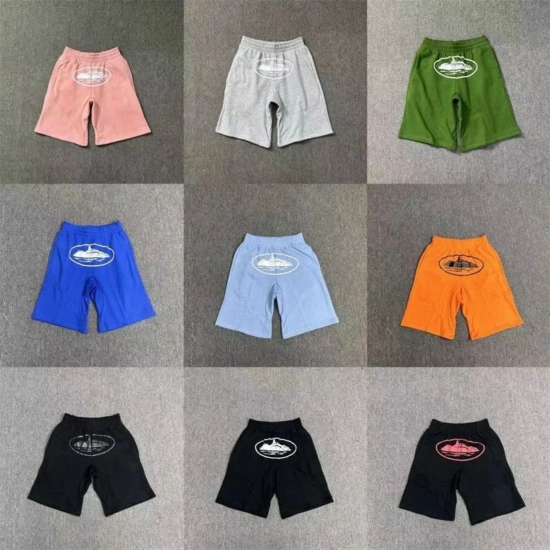 blue orange pink fleece shorts with oval island print