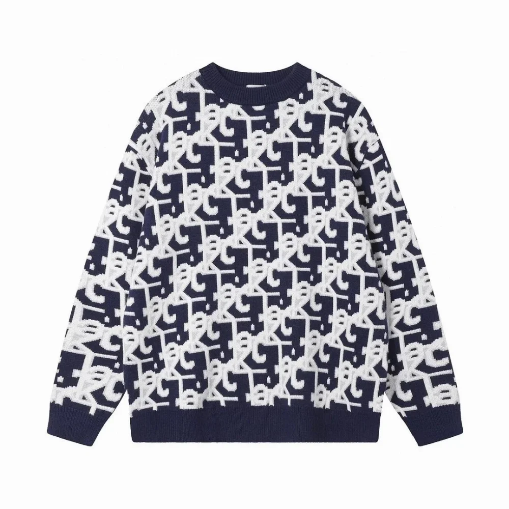 White and black monogram knit sweater with RC pattern crew neck