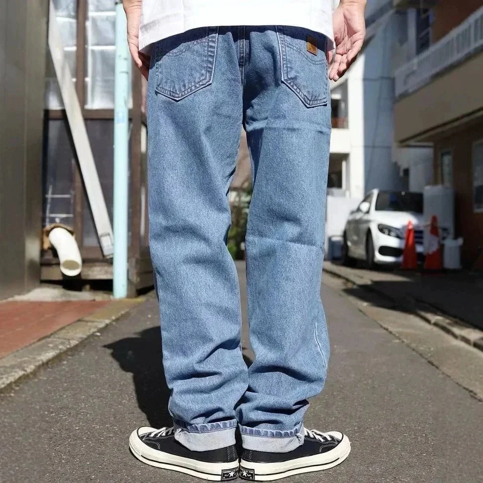 light wash denim relaxed fit straight leg pants