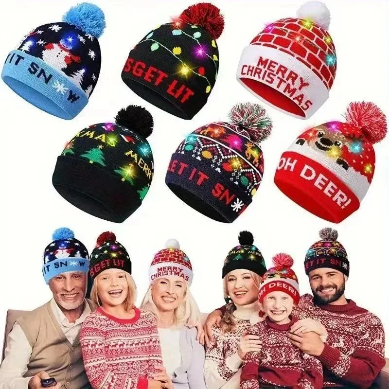 knit beanie with pom-pom, holiday patchwork pattern, snowman reindeer Santa tree