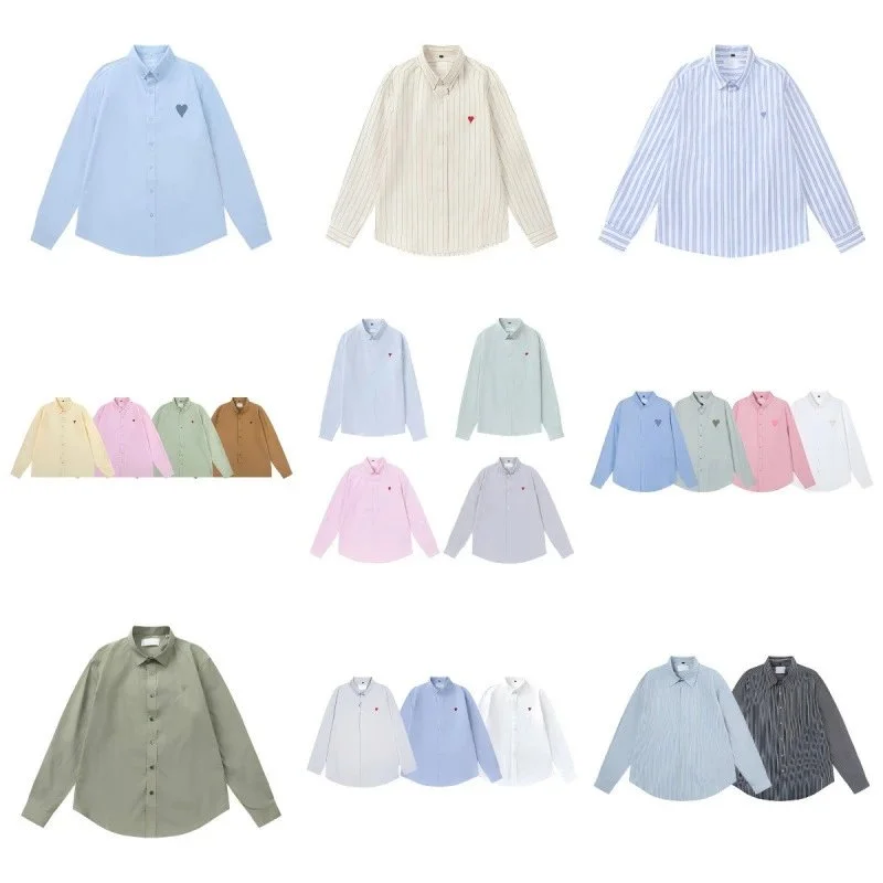 White or striped long-sleeve button-up shirt with small heart embroidery on chest