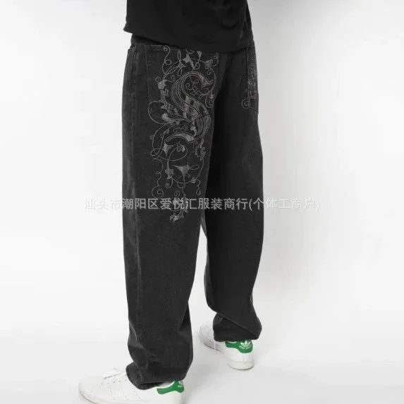 Black washed denim pants with white ornate scroll print loose fit