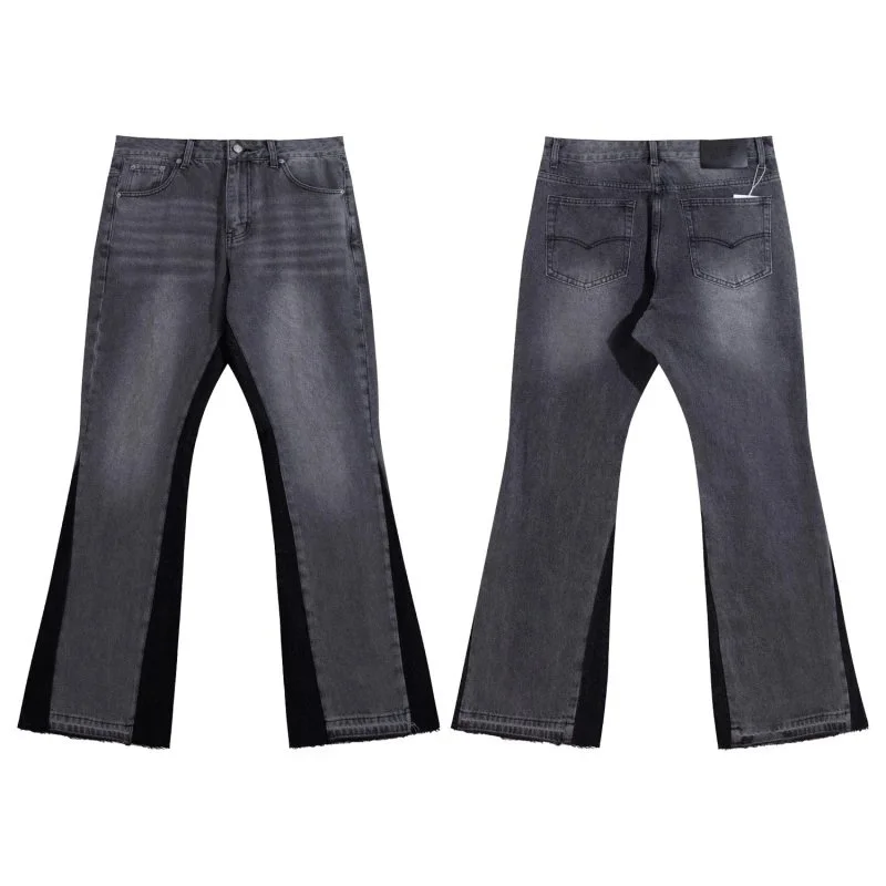 Dark gray denim flared jeans with black side panels and frayed hems
