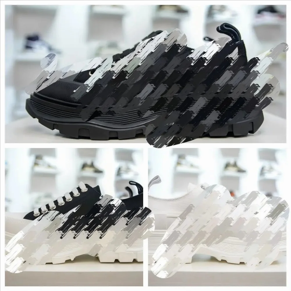 Black and white canvas low-top sneakers with chunky ridged sole and metal eyelets