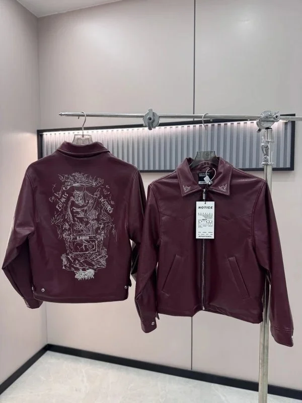 Burgundy leather jacket with white embroidered back graphic and snap cuffs