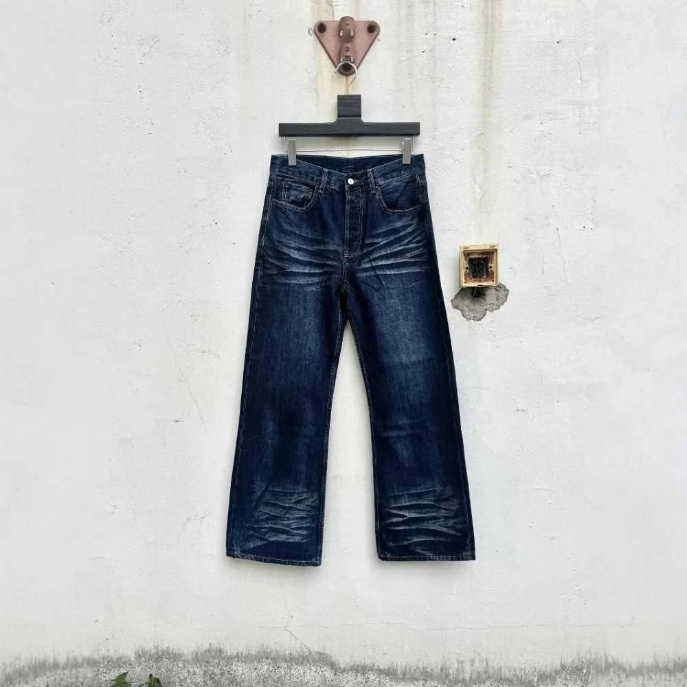 Dark blue water wave washed wide leg denim pants