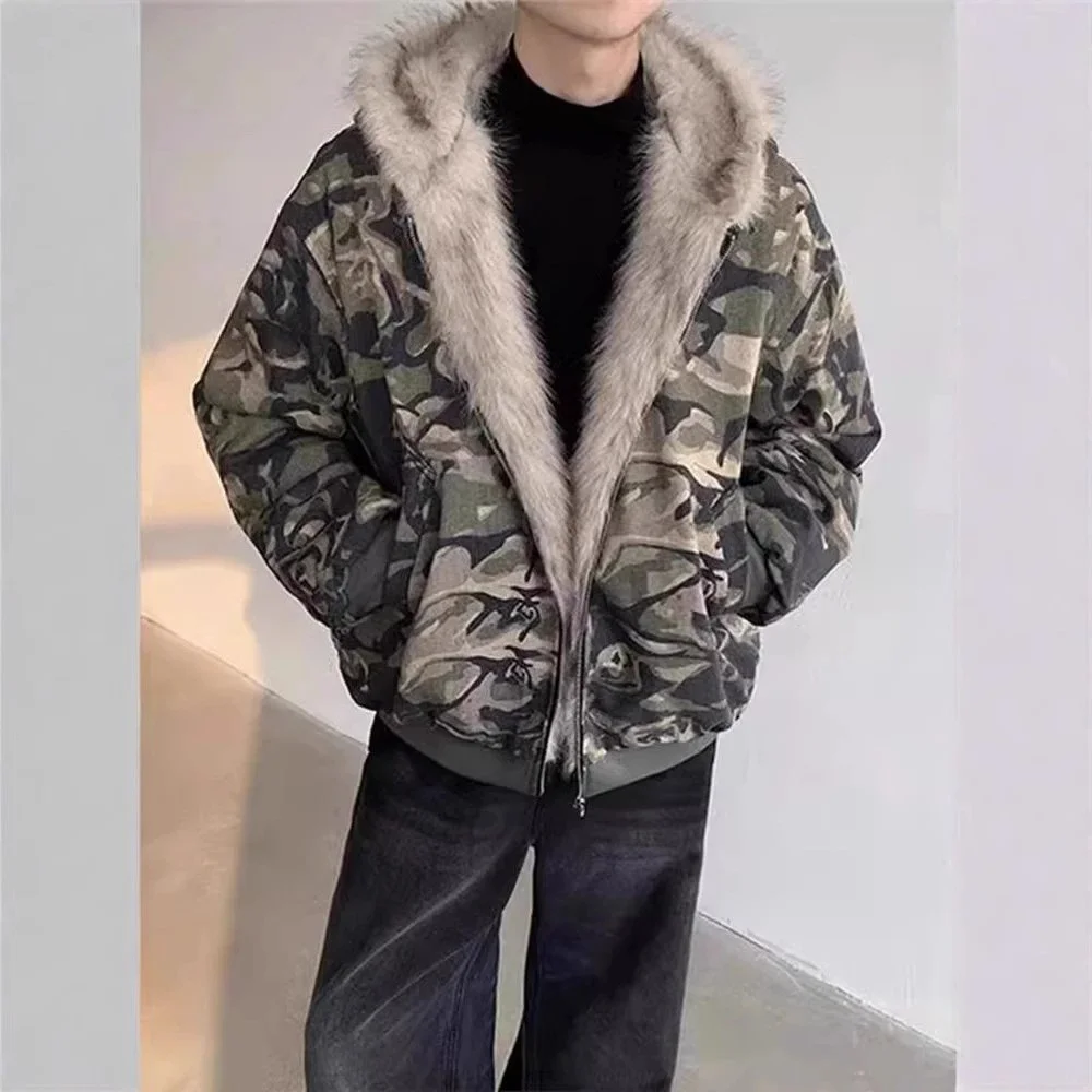camouflage print puffer jacket with faux fur collar