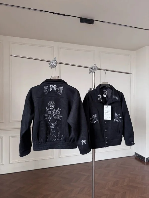 Black denim jacket with white angel embroidery back front