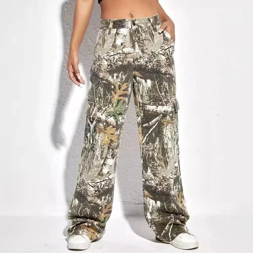 camouflage print wide leg cargo pants