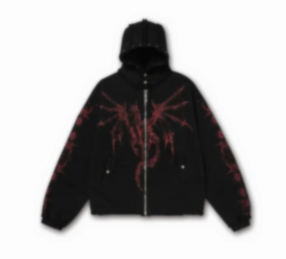Black zip-up hooded jacket with red dragon graphic print on chest and sleeves