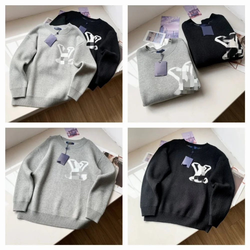 Black grey white blue beige pink knit sweater with pixelated monogram graphic
