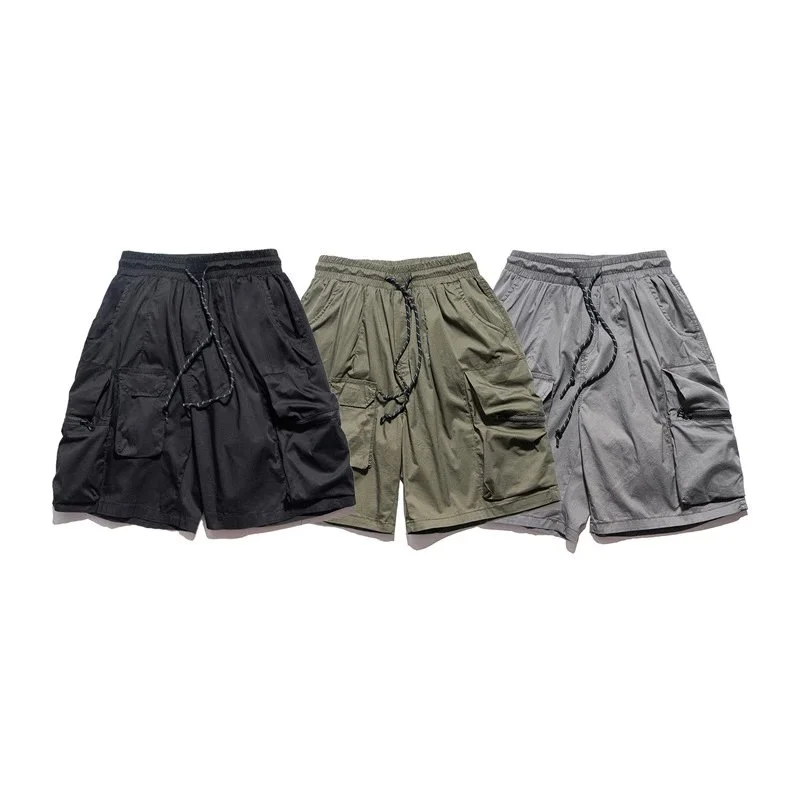 black olive grey lightweight cargo shorts with zippered side pockets and drawstring waist