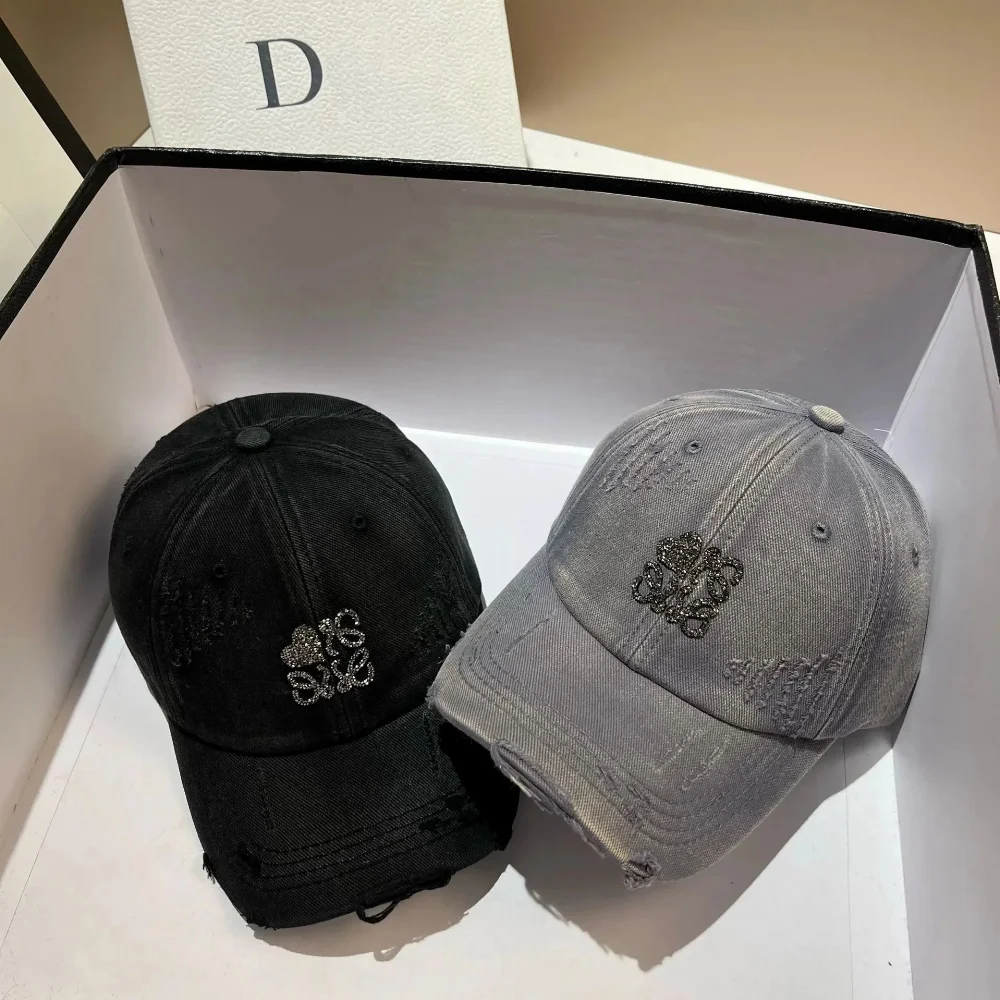 distressed denim baseball cap with crystal embroidered logo