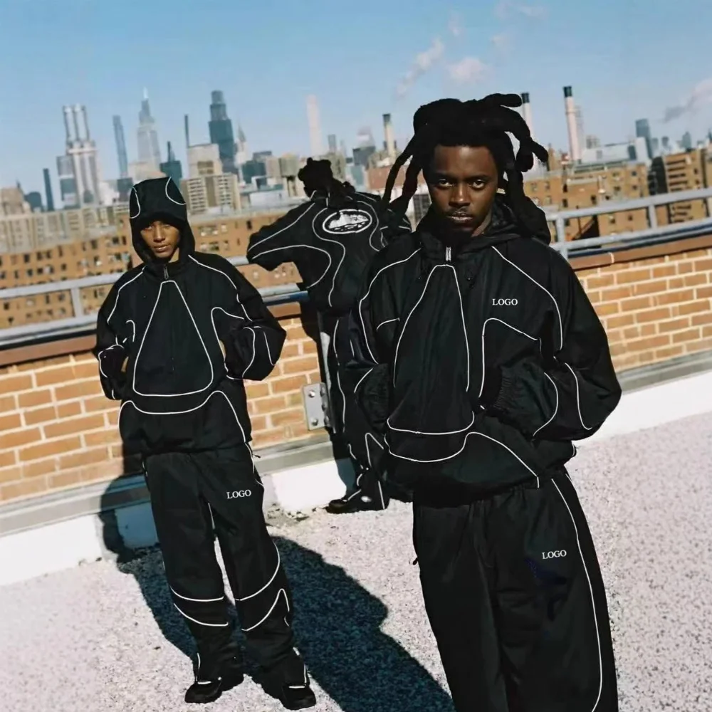 White grey black hooded jacket and pants with white outline stitching