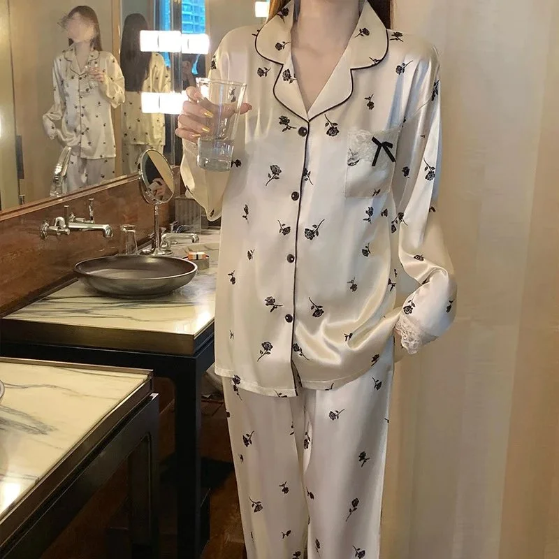 Satin pajama set with bow print lace trim