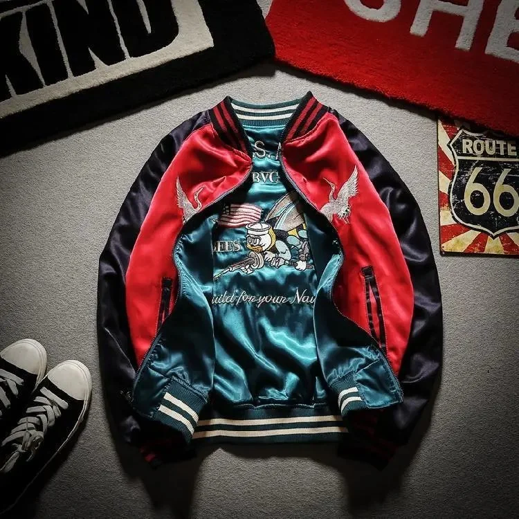 Black satin reversible bomber jacket with bee embroidery and red lining