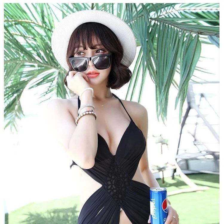 black white halter neck cutout mesh swimsuit