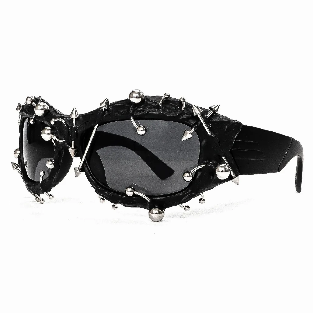 fluorescent yellow and black textured frame studded sunglasses with metal spikes and balls