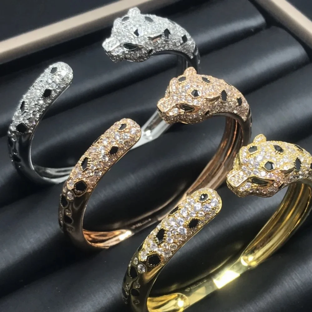 gold silver rose gold plated panther head cuff bracelet with pave crystals and black spots