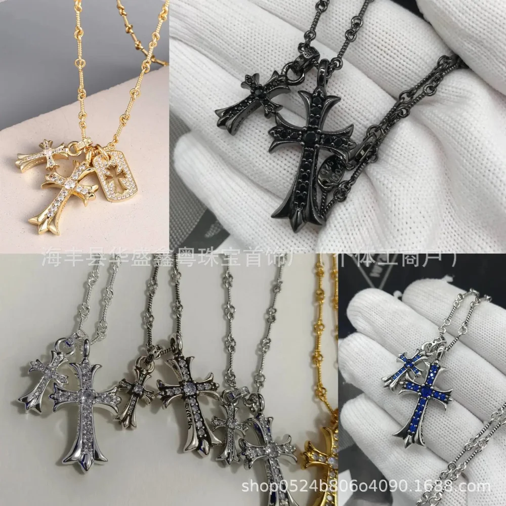 Dual cross pendant necklace with pave crystals on chain