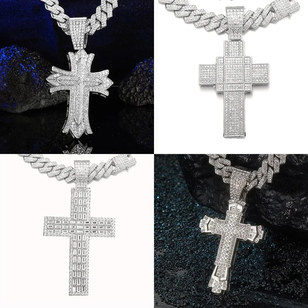 Fully iced-out cross pendant on thick Cuban link chain