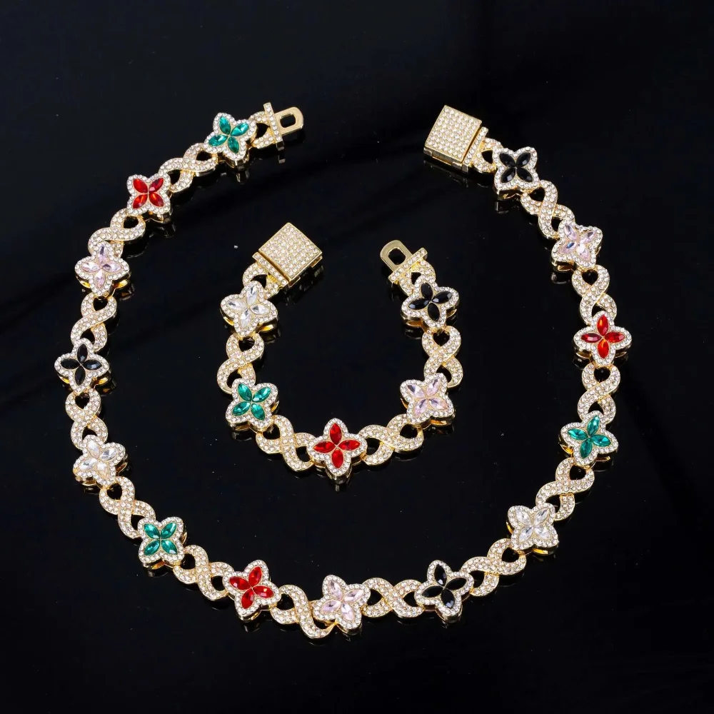 Pave Crystal Four-Leaf Clover Link Necklace and Bracelet Set