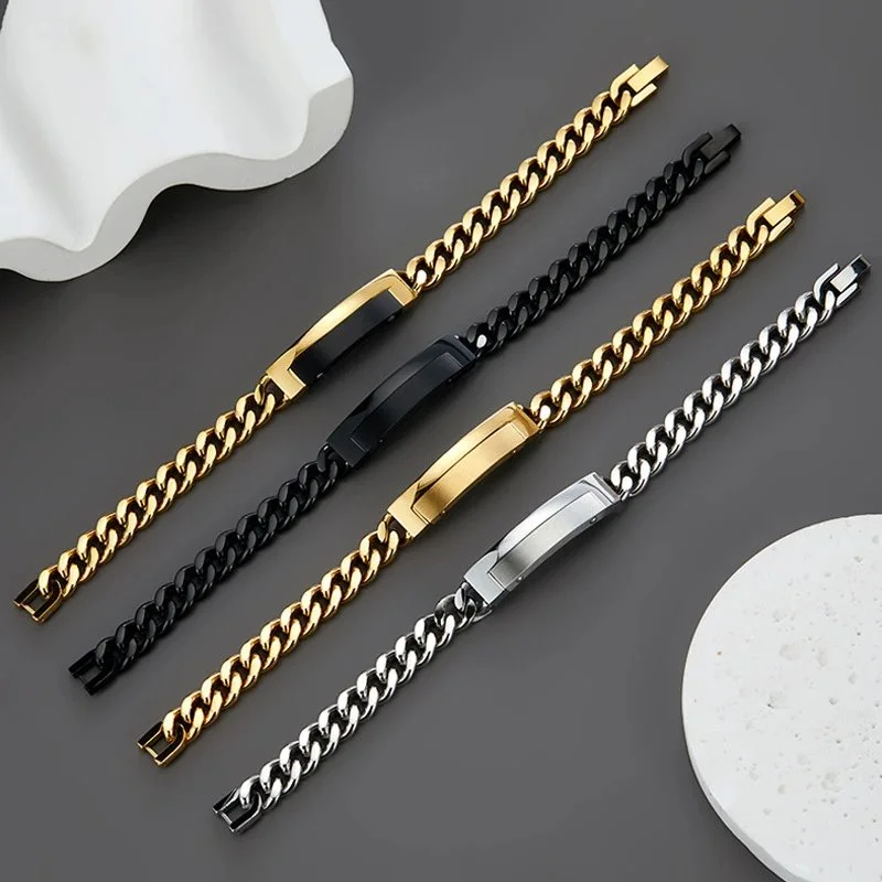 stainless steel curb chain bracelet with rectangular plate