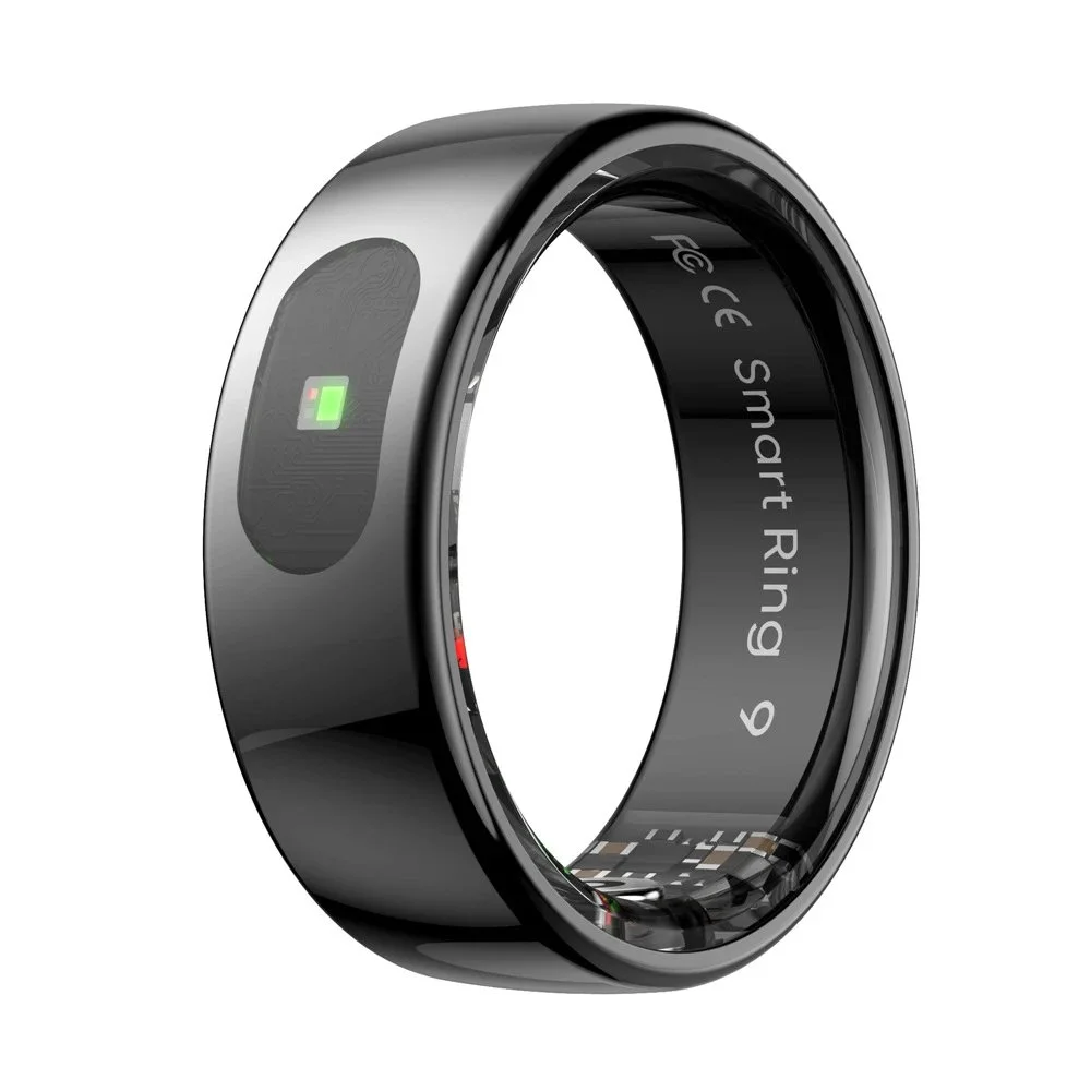 Polished metallic smart ring with embedded display and black inner band