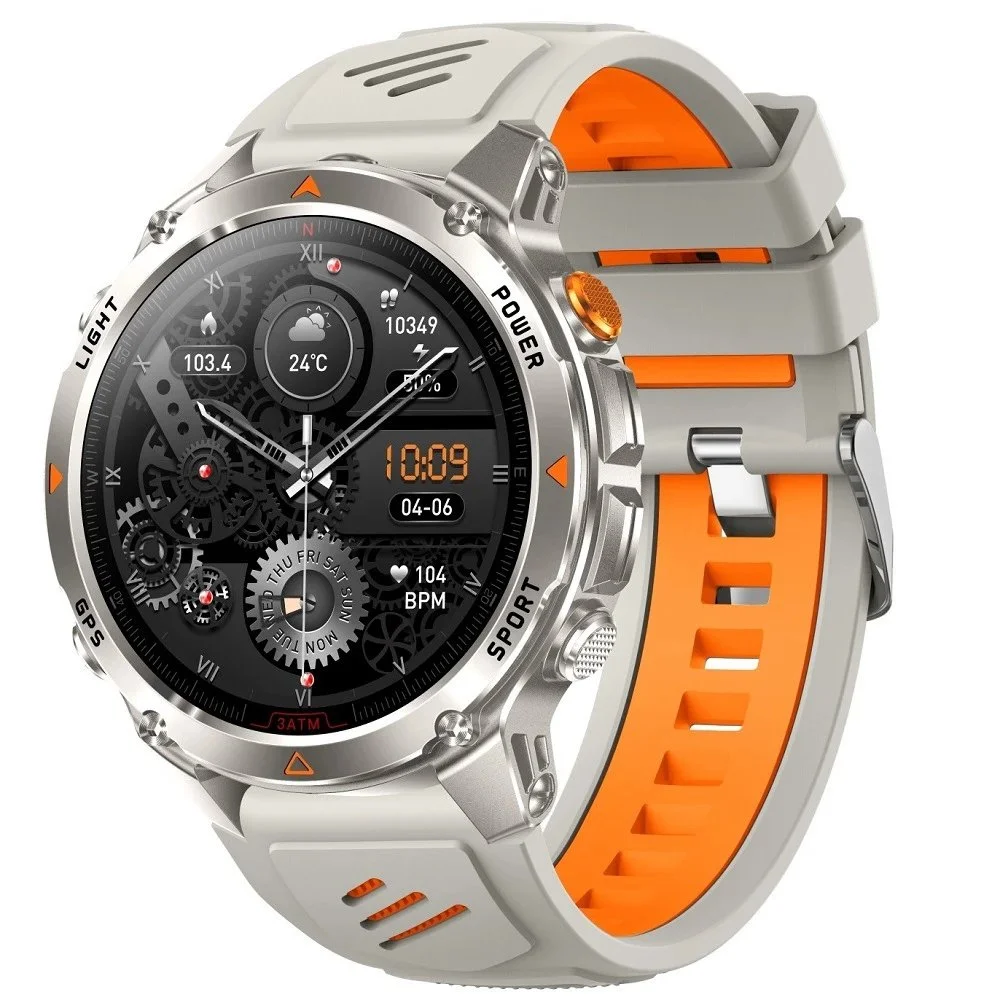 Black metal link strap smart watch with analog-digital hybrid dial and red accents