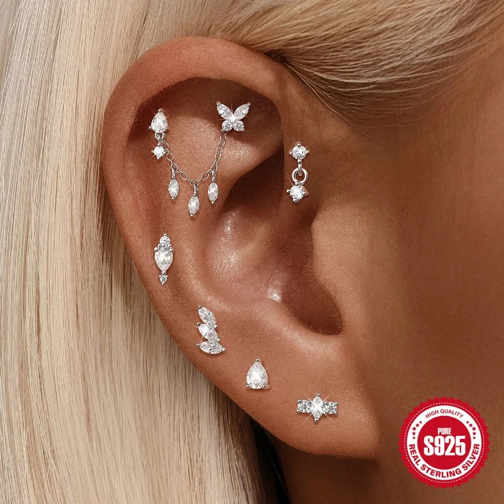 S925 silver pear-cut and round crystal drop chain ear cuff
