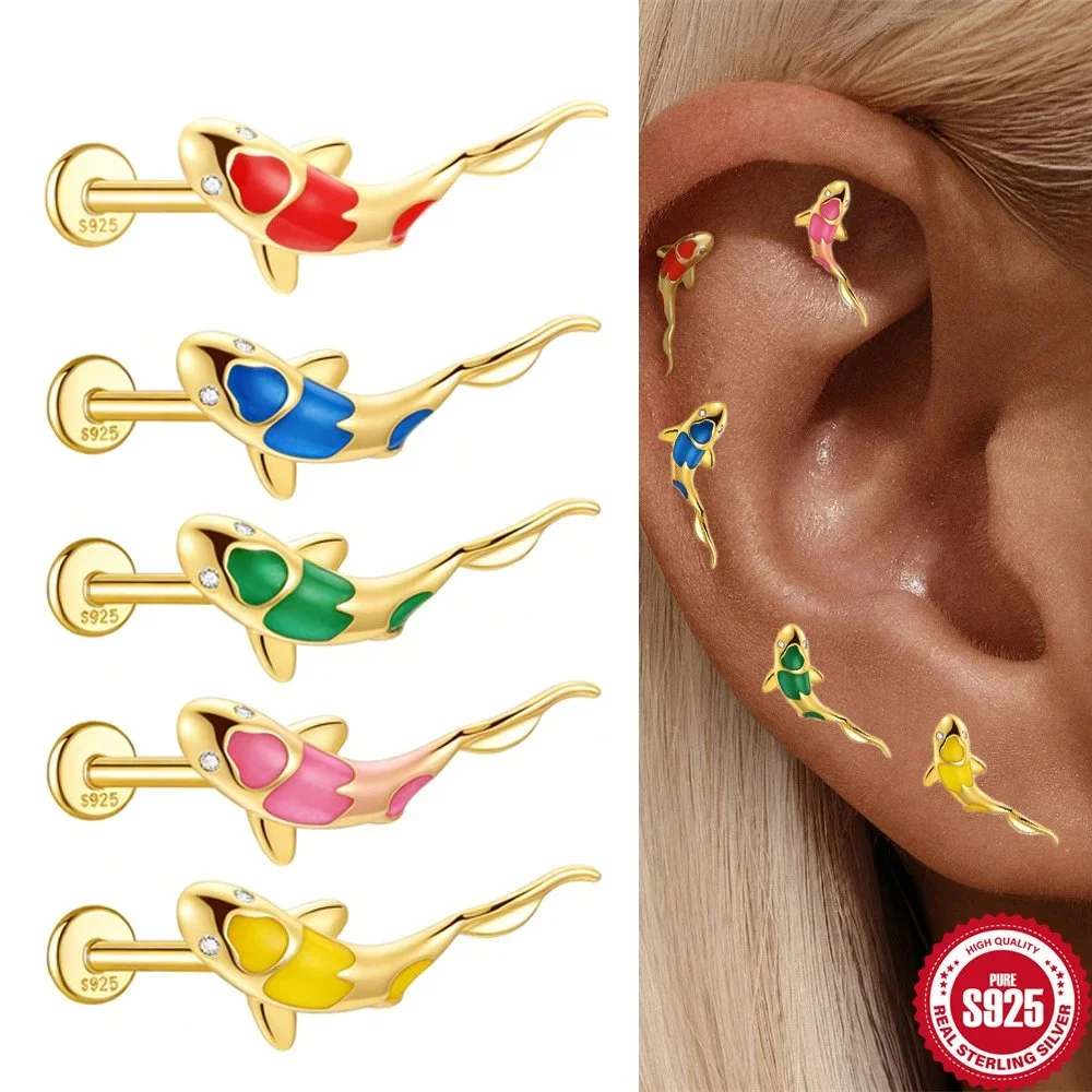 Gold tone koi fish enamel barbell piercing with cubic zirconia