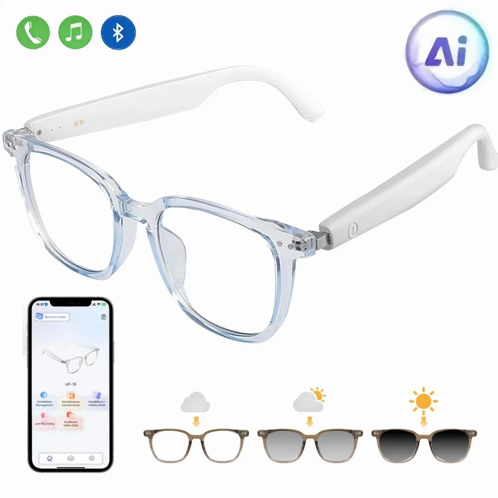Black and white smart sunglasses with integrated temple electronics and rectangular frames