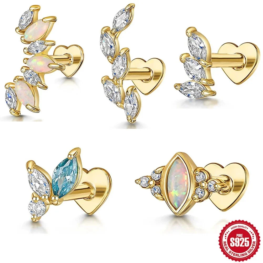 Gold or silver marquise opal CZ heart-back ear stud