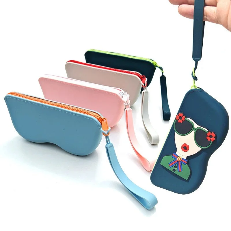 Pink silicone eyewear case with floral face print and wrist strap