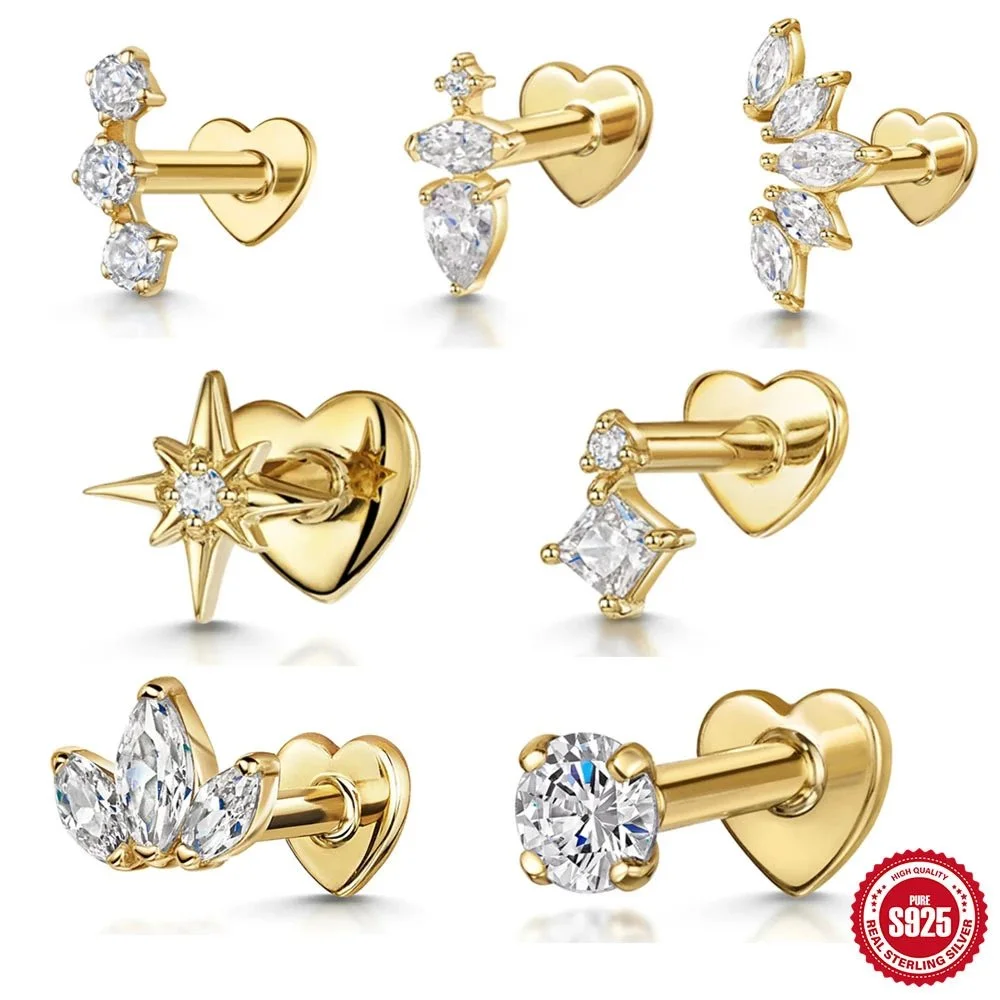Gold or silver heart-back stud earring with round crystal