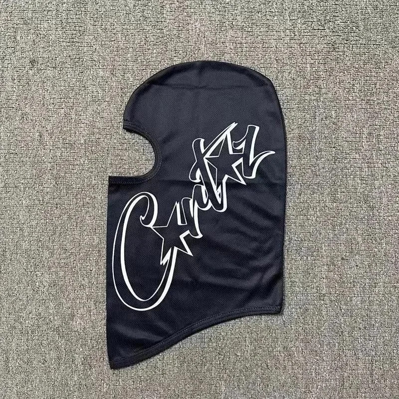 dark teal stretch fabric balaclava with white star script graphic