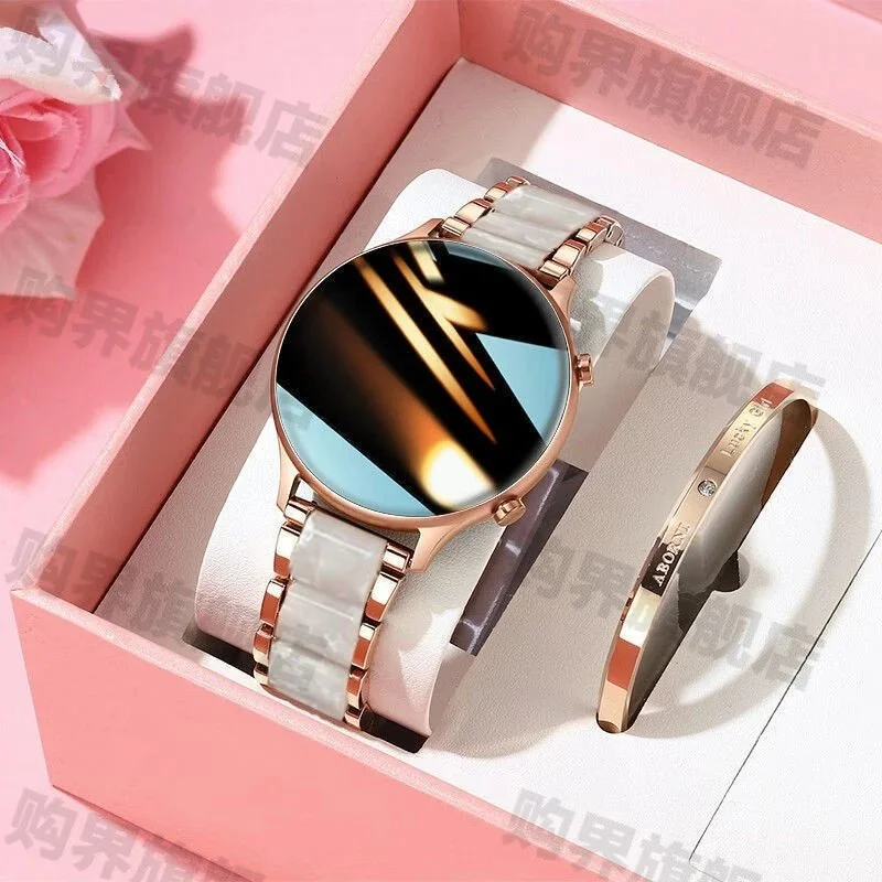 rose gold case resin white link strap smart watch