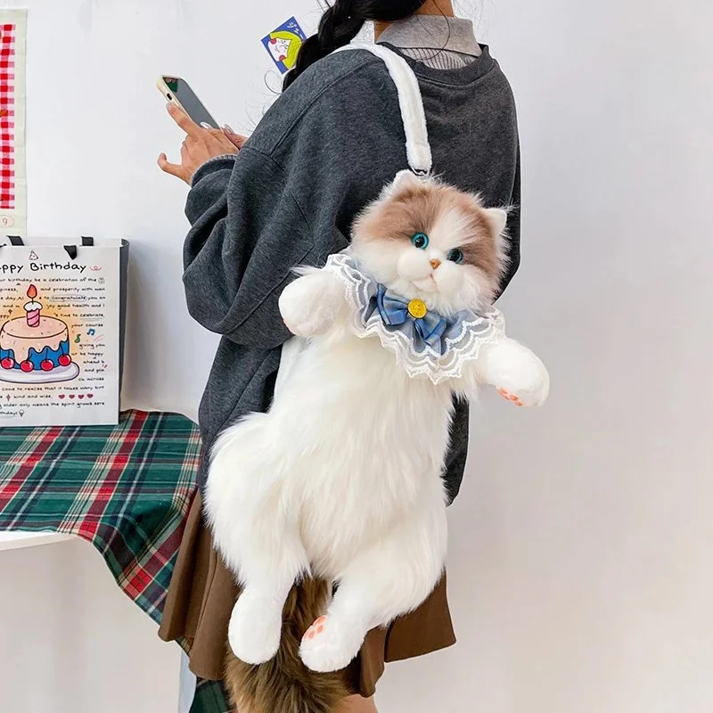 Plush cat-shaped backpack with lace ruffled collar and bow