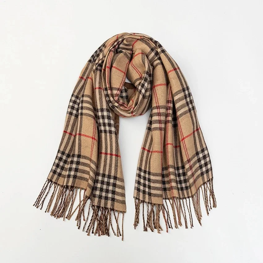 double-sided plaid pattern faux cashmere scarf with fringed ends