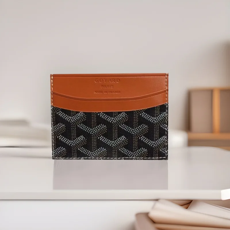 Goyard Tan leather flap black canvas chevron pattern card holder